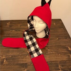 Red Hooded Dinosaur Scarf with Black and White Checkered Lining